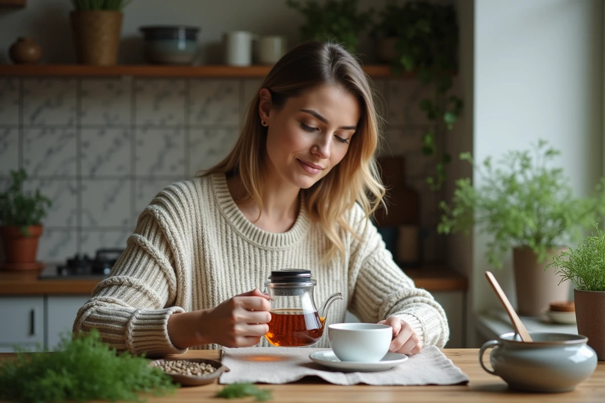 Femme versant une infusion de dille dans une tasse blanche