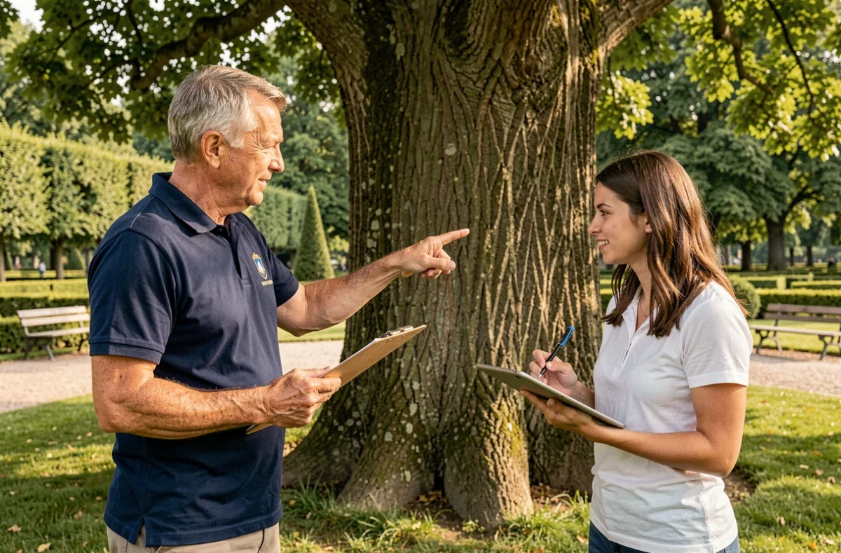 Inspecteur arboricole municipal évaluant un chêne centenaire dans un parc public en vue d'un élagage réglementaire