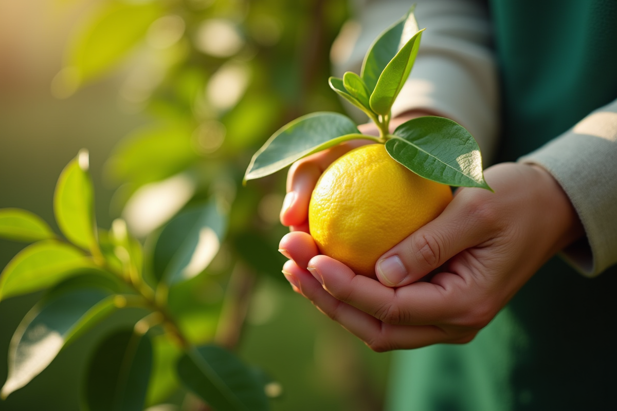 Jardinier inspectant une feuille de citronnier après traitement