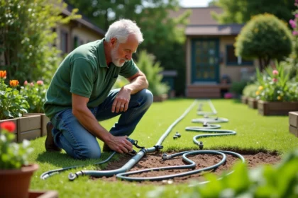 Homme installant un kit d'arrosage JARDINIC dans un jardin résidentiel avec tuyaux et connecteurs disposés sur la pelouse