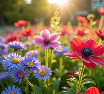 Jardin coloré avec anemones et asters en plein soleil