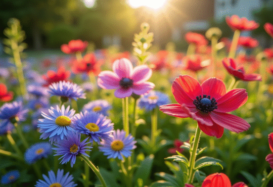 Jardin coloré avec anemones et asters en plein soleil