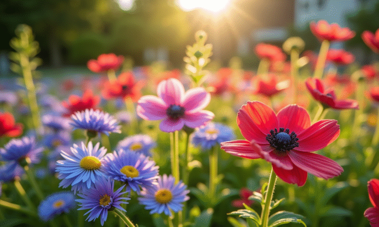Jardin coloré avec anemones et asters en plein soleil