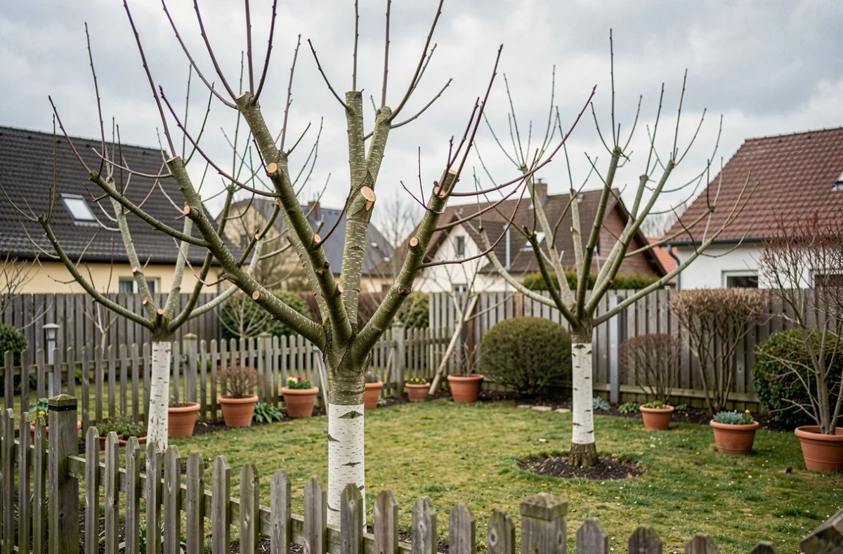 Jardin alsacien avec des arbres fruitiers soigneusement élaguées au printemps à Colmar