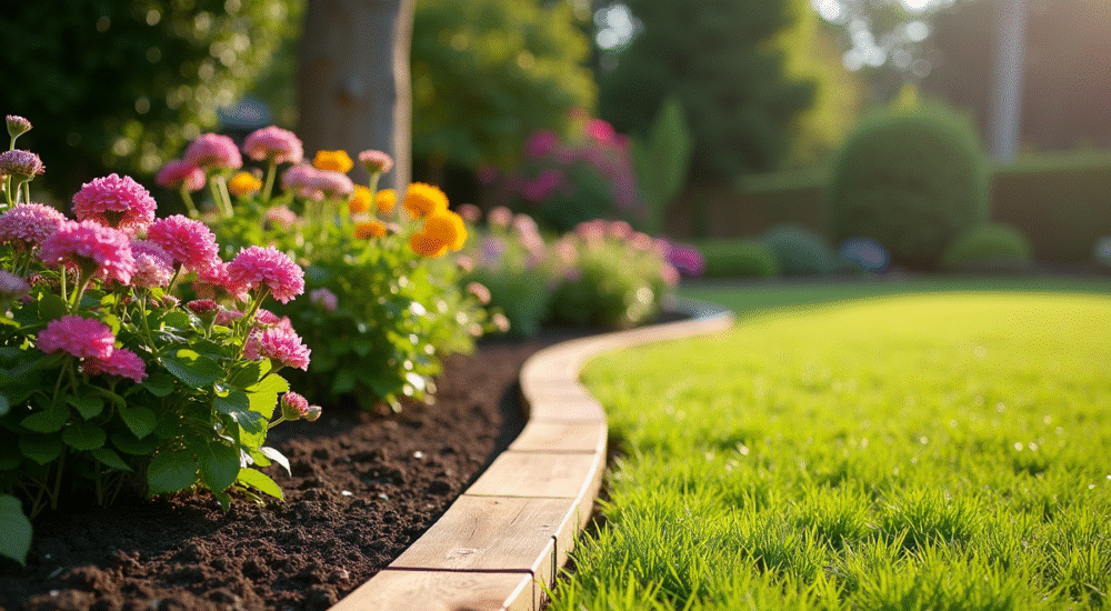 Jardin avec bordures en bois et massifs fleuris