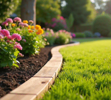 Jardin avec bordures en bois et massifs fleuris