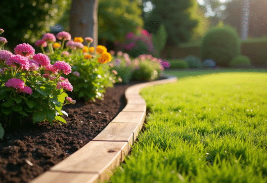 Jardin avec bordures en bois et massifs fleuris