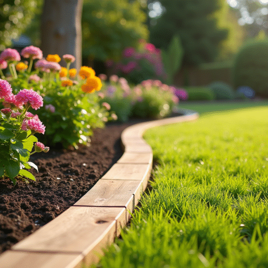 Jardin avec bordures en bois et massifs fleuris
