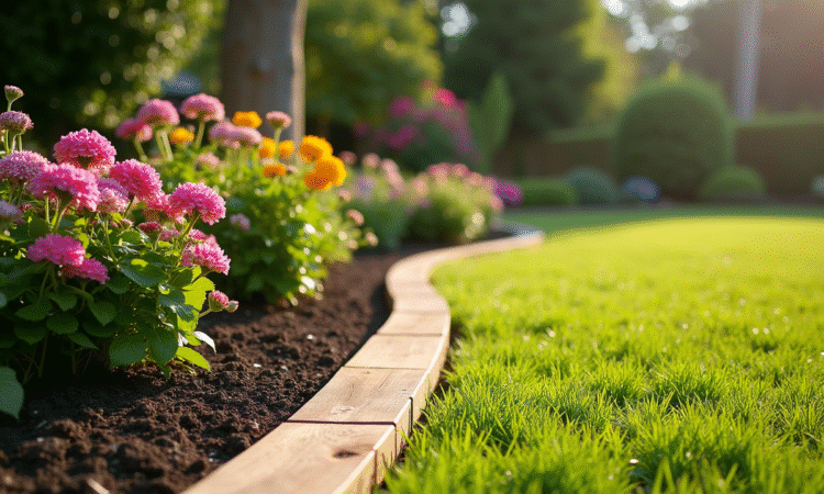 Jardin avec bordures en bois et massifs fleuris