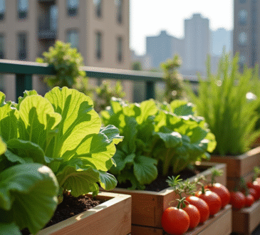 Jardin balcon urbain avec légumes frais et verts