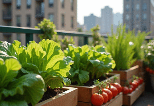 Jardin balcon urbain avec légumes frais et verts