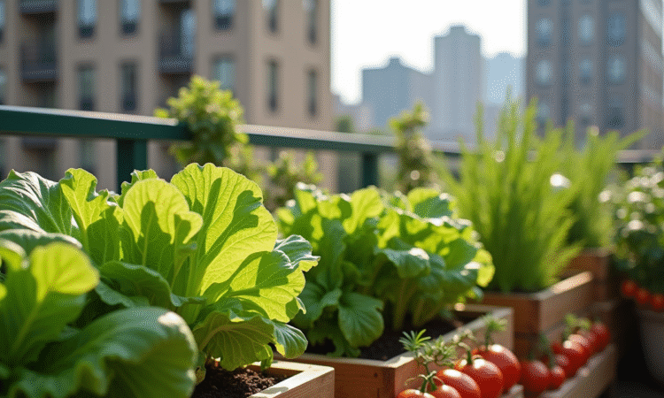 Jardin balcon urbain avec légumes frais et verts