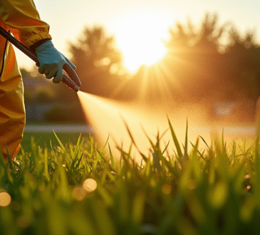 Personne en protection pulvérisant herbicide au lever du soleil