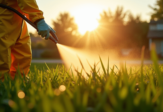 Personne en protection pulvérisant herbicide au lever du soleil