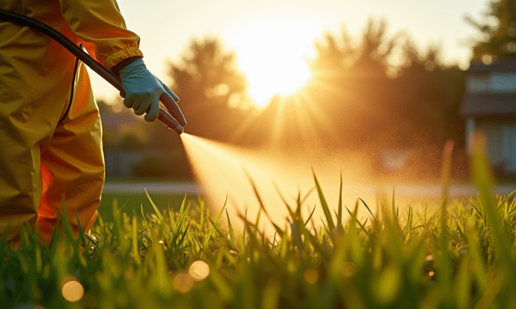 Personne en protection pulvérisant herbicide au lever du soleil