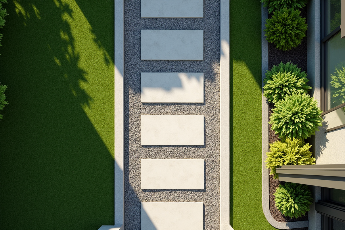 Jardin moderne avec bordures en pierre et allée gravillonnée