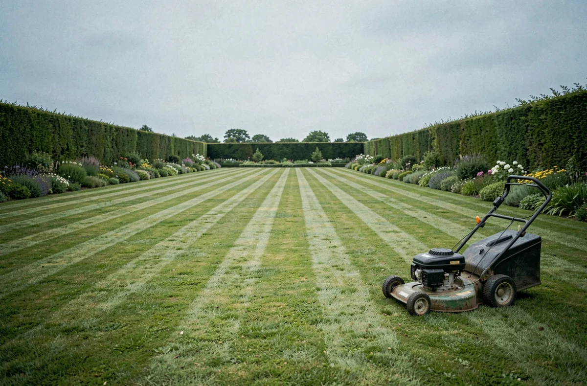 Vue grand angle d'un grand jardin avec une pelouse en ray-grass anglais tondue avec des rayures et un tondeuse manuelle posée sur le bord