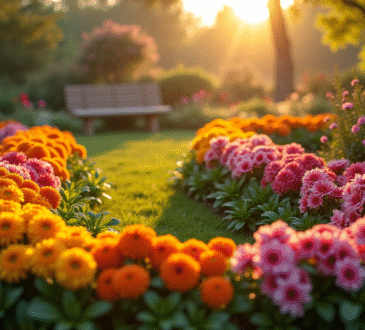 Jardin luxuriant au lever du soleil avec arrangement en U de fleurs printanières