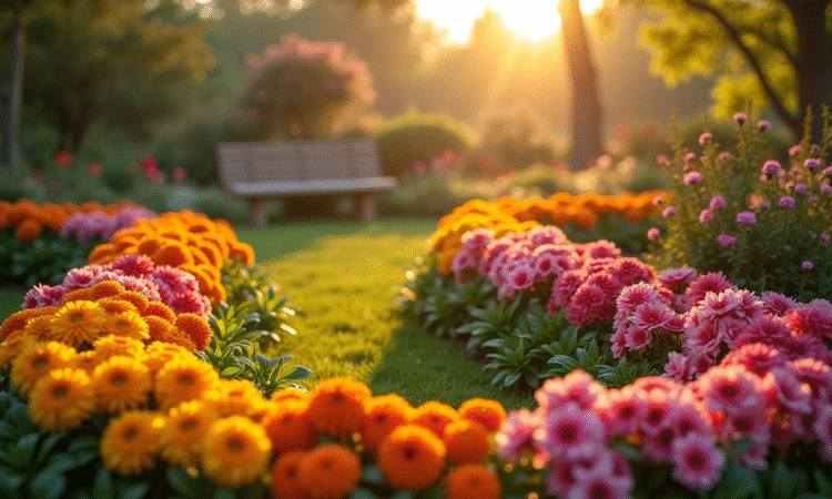 Jardin luxuriant au lever du soleil avec arrangement en U de fleurs printanières