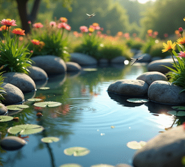 Petit étang dans un jardin fleuri avec reflets bleus