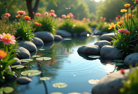 Petit étang dans un jardin fleuri avec reflets bleus