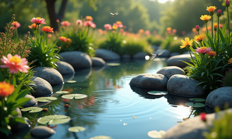 Petit étang dans un jardin fleuri avec reflets bleus