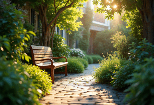 Coin de jardin urbain ensoleille avec plantes vertes