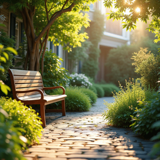 Coin de jardin urbain ensoleille avec plantes vertes