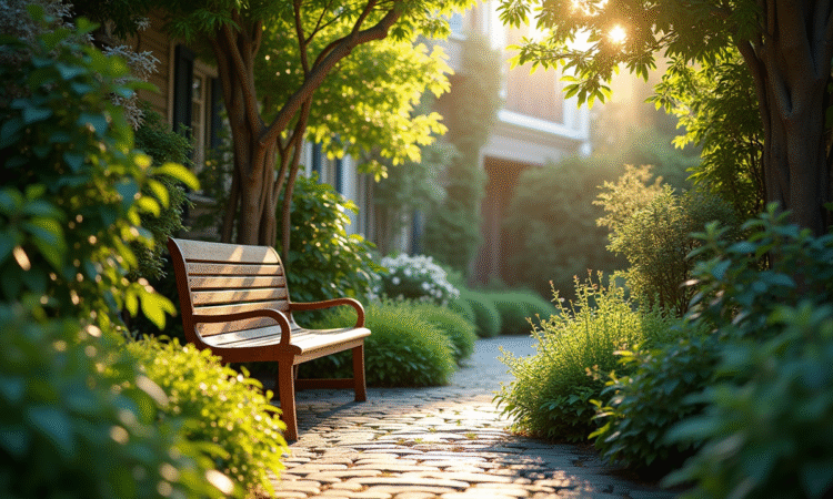 Coin de jardin urbain ensoleille avec plantes vertes