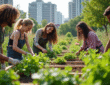 Groupe de personnes diverses jardinant dans un jardin urbain