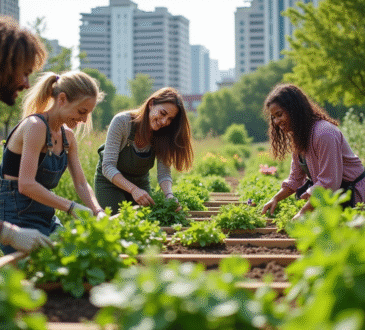 Groupe de personnes diverses jardinant dans un jardin urbain