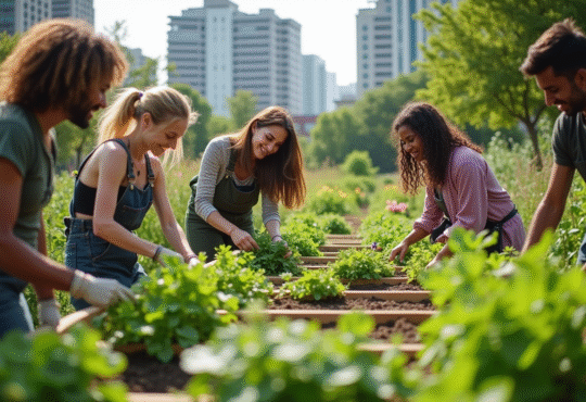 Groupe de personnes diverses jardinant dans un jardin urbain