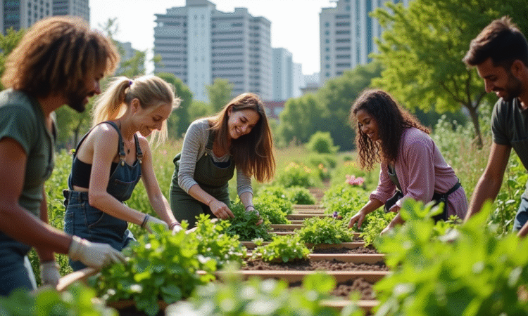 Groupe de personnes diverses jardinant dans un jardin urbain