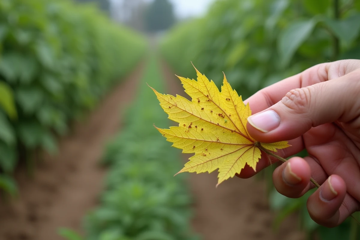 Jardinière retournant une feuille de tomate infestée par des araignées rouges avec des taches et toiles caractéristiques