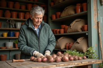 Femme inspectant des tubers de dahlia dans un atelier de jardinage
