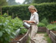 Femme au jardin arrosant ses légumes avec un arrosoir