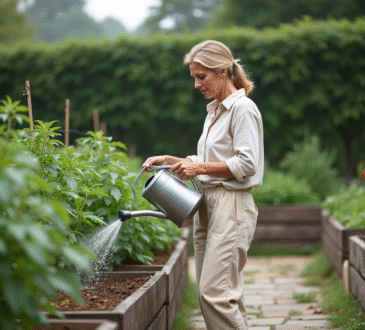 Femme au jardin arrosant ses légumes avec un arrosoir