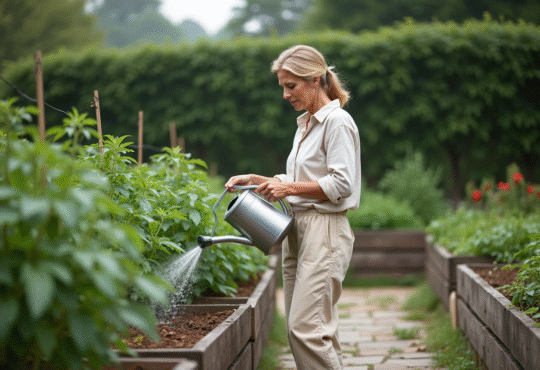 Femme au jardin arrosant ses légumes avec un arrosoir