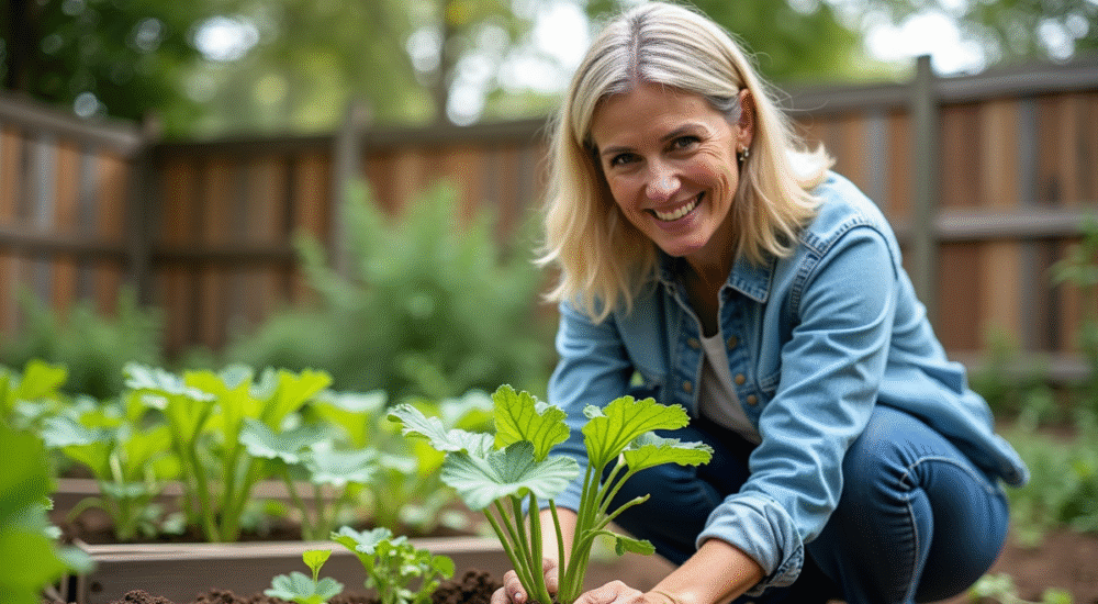 Femme jardinant avec un zucchini dans un jardin familial
