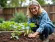 Femme jardinant avec un zucchini dans un jardin familial