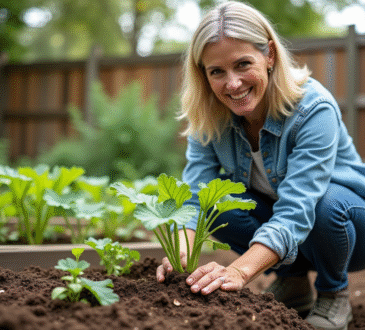 Femme jardinant avec un zucchini dans un jardin familial