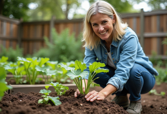 Femme jardinant avec un zucchini dans un jardin familial