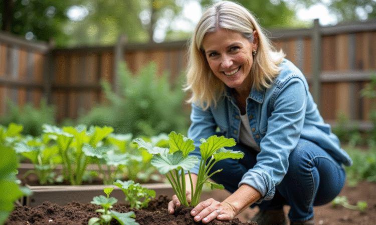 Femme jardinant avec un zucchini dans un jardin familial