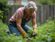 Femme d'âge moyen arrachant des orties dans un jardin verdoyant