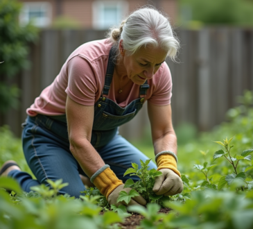 Femme d'âge moyen arrachant des orties dans un jardin verdoyant
