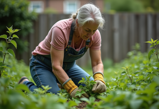 Femme d'âge moyen arrachant des orties dans un jardin verdoyant
