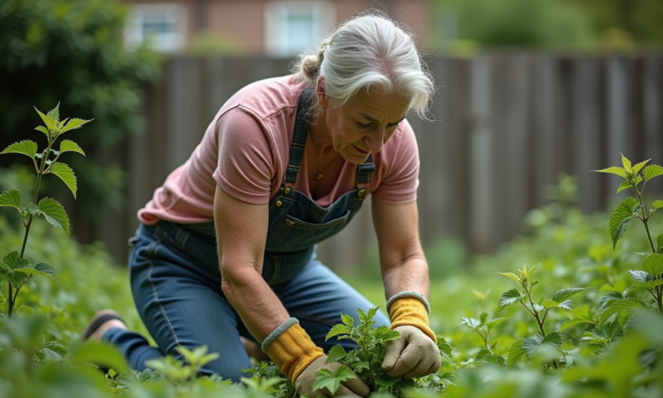 Femme d'âge moyen arrachant des orties dans un jardin verdoyant