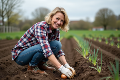 Femme plantant des oignons dans un jardin rural