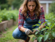 Femme jardiniere en plaid enroulant du fil de cuivre sur une tomate