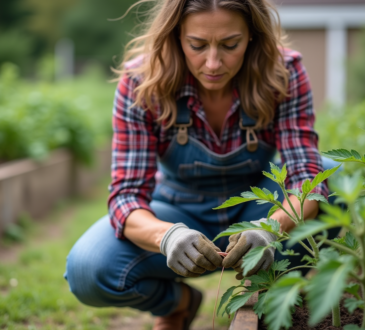 Femme jardiniere en plaid enroulant du fil de cuivre sur une tomate